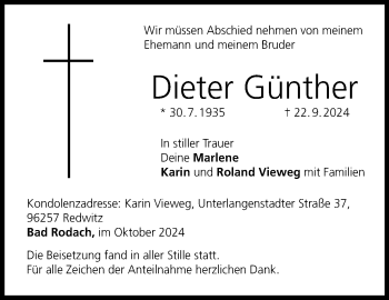 Traueranzeige von Dieter Günther von Neue Presse Coburg