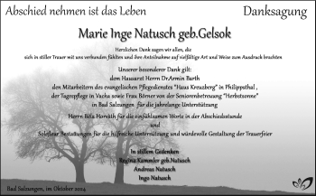 Traueranzeige von Marie Inge Natusch von Südthüringer Presse