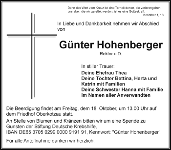 Traueranzeige von Günter Hohenberger von Frankenpost