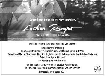 Traueranzeige von Lothar Rempt von Südthüringer Presse