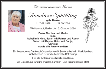 Traueranzeige von Anneliese Späthling von Frankenpost