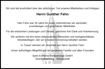 Traueranzeige von Gunther Fehn von Frankenpost