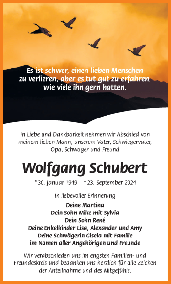 Traueranzeige von Wolfgang Schubert von Südthüringer Presse