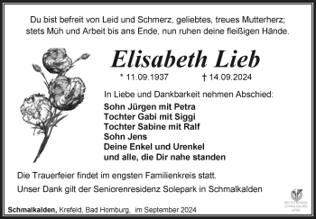 Traueranzeige von Elisabeth Lieb von Südthüringer Presse