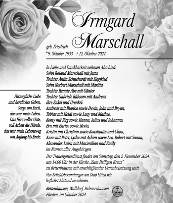 Traueranzeige von Irmgard Marschall von Südthüringer Presse