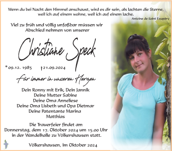 Traueranzeige von Christiane Speck von Südthüringer Presse
