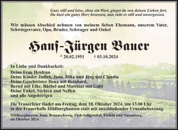 Traueranzeige von Hans-Jürgen Bauer von Südthüringer Presse