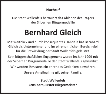 Traueranzeige von Bernhard Gleich von Neue Presse Coburg