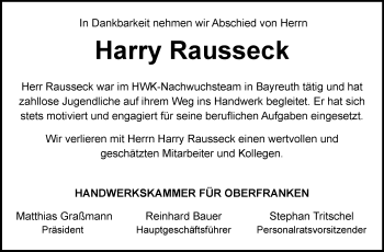 Traueranzeige von Harry Rausseck von Frankenpost