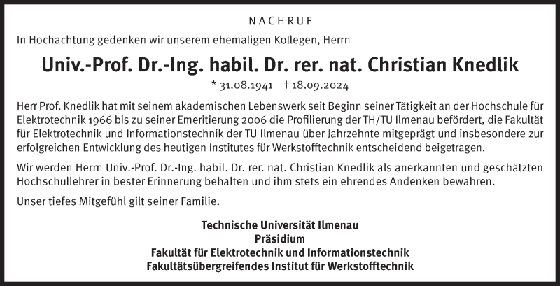 Traueranzeige für Christian Knedlik vom 05.10.2024 aus Südthüringer Presse