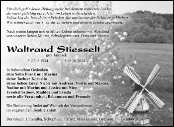 Traueranzeige von Waltraud Stiesselt von Südthüringer Presse
