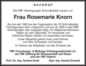 Traueranzeige von Rosemarie Knorn von Südthüringer Presse