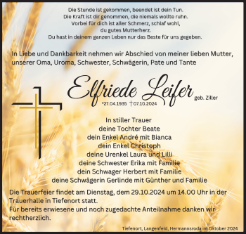 Traueranzeige von Elfriede Leifer von Südthüringer Presse