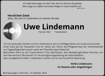 Traueranzeige von Uwe Lindmann von Südthüringer Presse