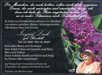 Traueranzeige von Ingrid Luck von Südthüringer Presse