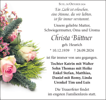 Traueranzeige von Christa Büttner von Südthüringer Presse