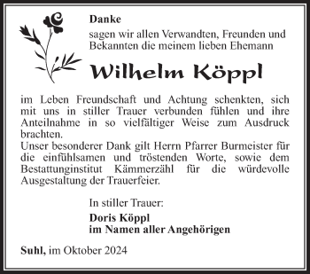 Traueranzeige von Wilhelm Köppl von Südthüringer Presse