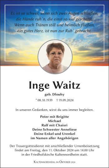 Traueranzeige von Inge Waitz von Südthüringer Presse