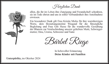 Traueranzeige von Bärbel Riege von Südthüringer Presse