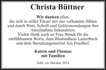 Traueranzeige von Christa Büttner von Südthüringer Presse