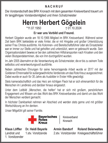 Traueranzeige von Herbert Gögelein von Neue Presse Coburg