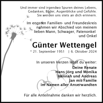 Traueranzeige von Günter Wettengel von Frankenpost