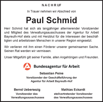 Traueranzeige von Paul Schmid von Frankenpost