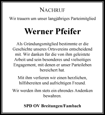 Traueranzeige von Werner Pfeifer von Südthüringer Presse