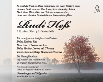 Traueranzeige von Rudi Heß von Südthüringer Presse