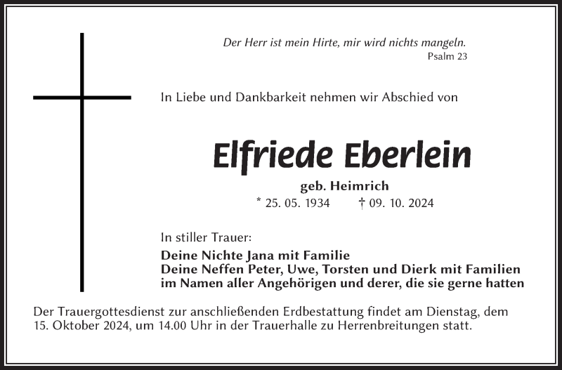  Traueranzeige für Elfriede Eberlein vom 12.10.2024 aus Südthüringer Presse