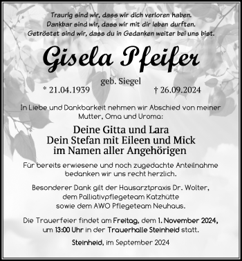 Traueranzeige von Gisela Pfeifer von Südthüringer Presse