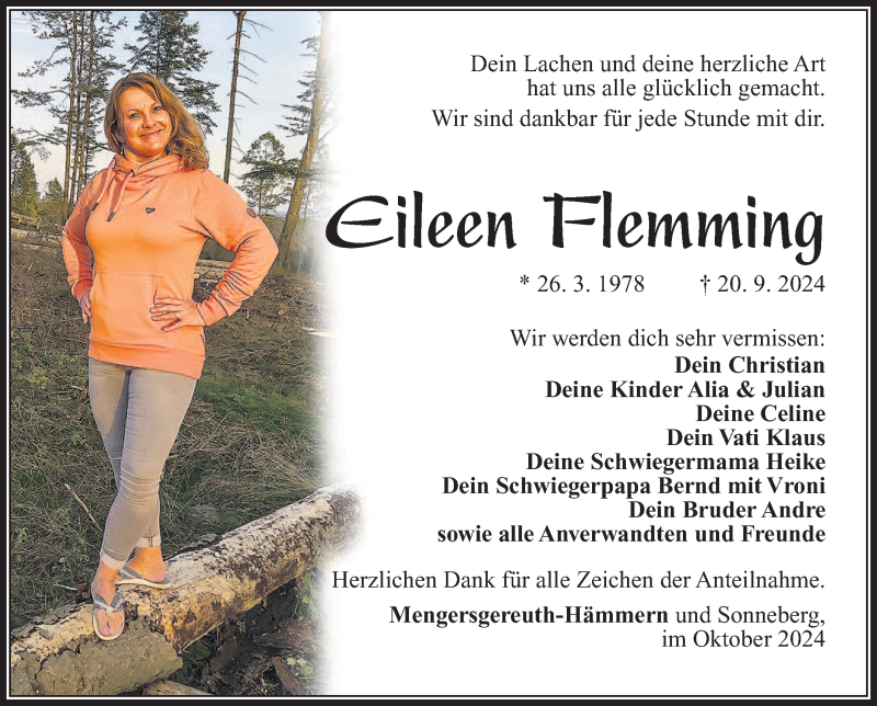  Traueranzeige für Eileen Flemming vom 26.10.2024 aus Südthüringer Presse