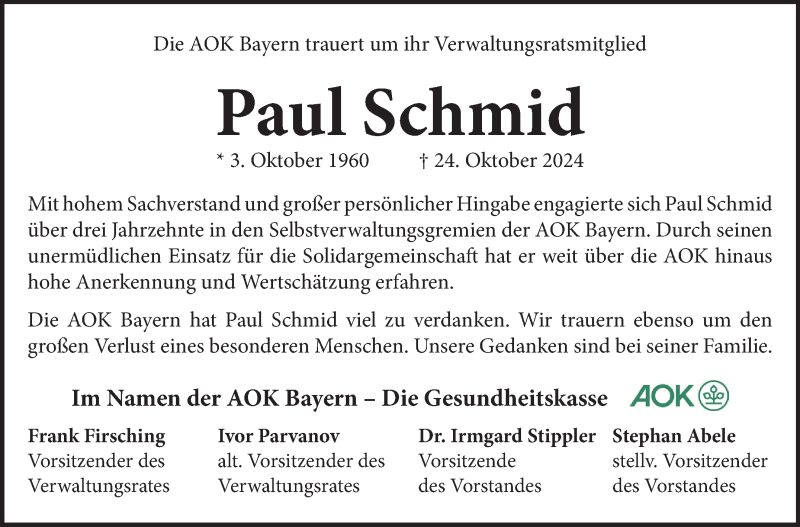  Traueranzeige für Paul Schmid vom 29.10.2024 aus Frankenpost