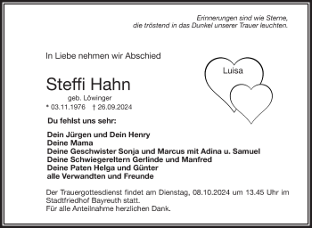 Traueranzeige von Stefanie Hahn von Frankenpost