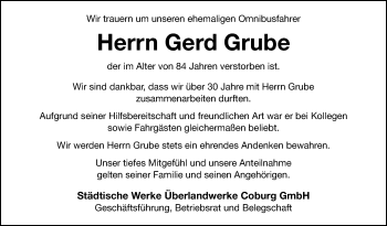 Traueranzeige von Gerd Grube von Neue Presse Coburg