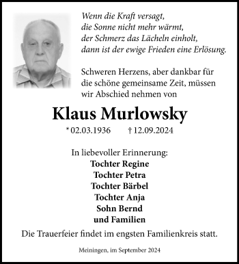 Traueranzeige von Klaus Murlowsky von Südthüringer Presse