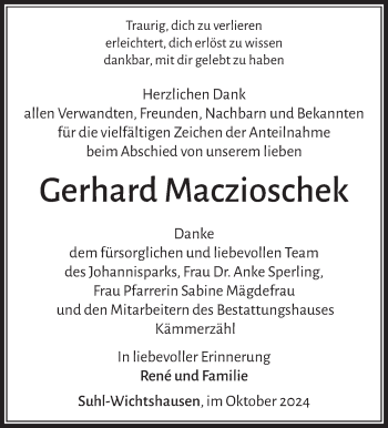 Traueranzeige von Gerhard Macziosche von Südthüringer Presse