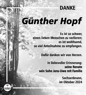 Traueranzeige von Günther Hopf von Südthüringer Presse