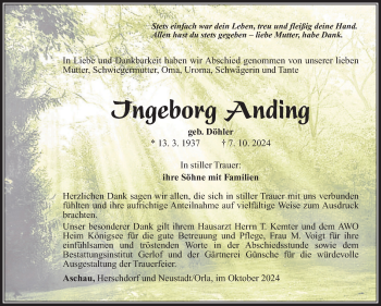 Traueranzeige von Ingeborg Anding von Südthüringer Presse