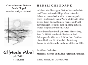 Traueranzeige von Elfriede Abel von Südthüringer Presse