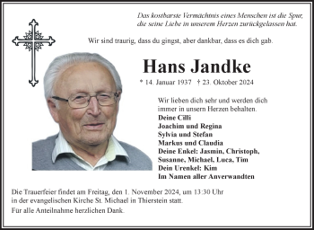 Traueranzeige von Hans Jandke von Frankenpost