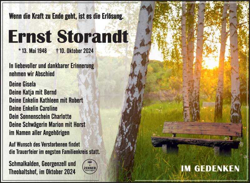  Traueranzeige für Ernst Storandt vom 19.10.2024 aus Südthüringer Presse