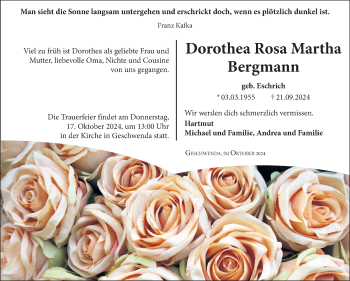 Traueranzeige von Dorothea Bergmann von Südthüringer Presse
