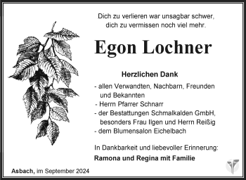 Traueranzeige von Egon Lochner von Südthüringer Presse
