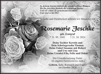 Traueranzeige von Rosemarie Jeschke von Südthüringer Presse