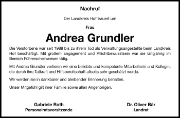 Traueranzeige von Andrea Grundler von Frankenpost