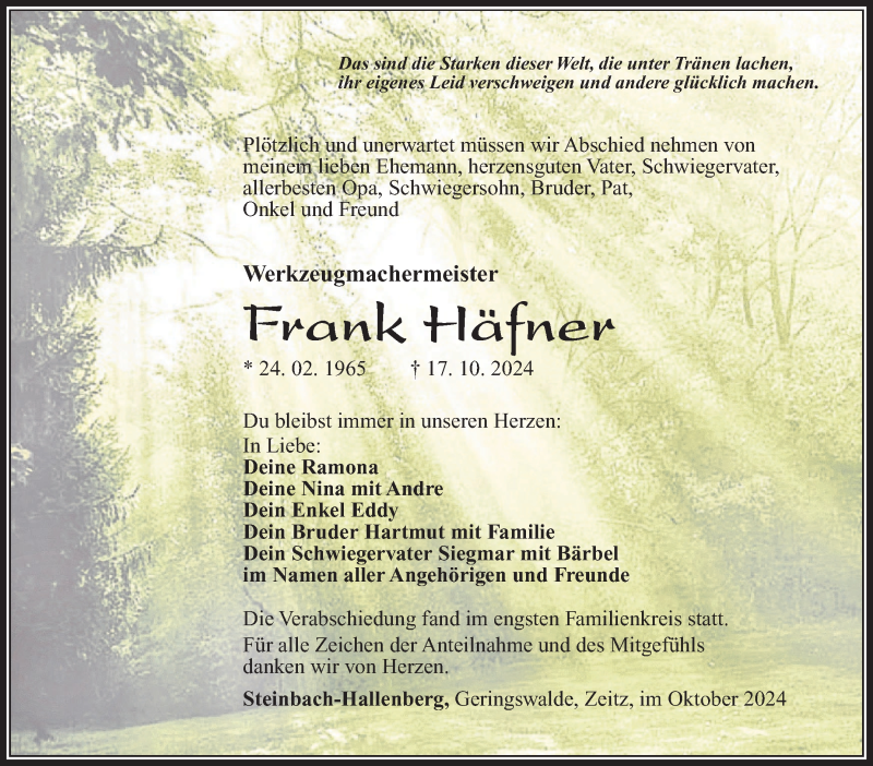  Traueranzeige für Frank Häfner vom 26.10.2024 aus Südthüringer Presse