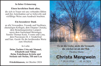 Traueranzeige von Christa Mengwein von Südthüringer Presse