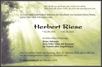 Traueranzeige von Herbert Riese von Südthüringer Presse