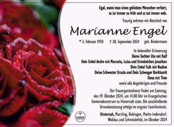 Traueranzeige von Marianne Engel von Südthüringer Presse